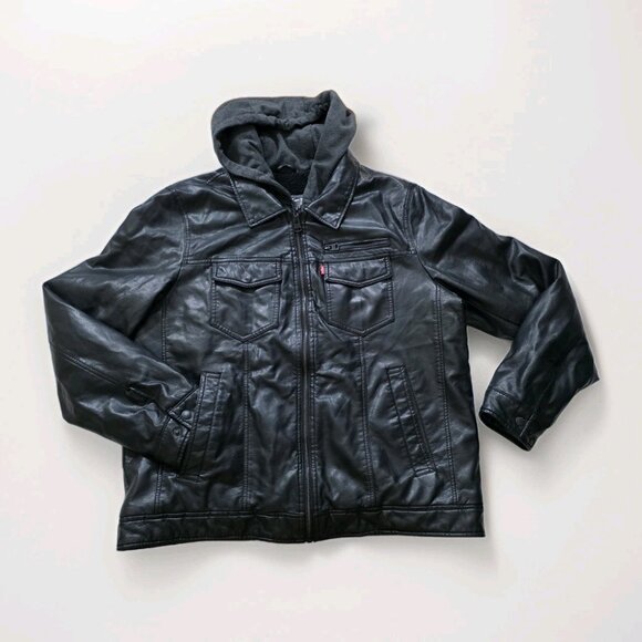 Levi's Trucker Jacket Men L Black Faux Leather LS Hooded Pockets Western Grunge - Picture 8 of 16